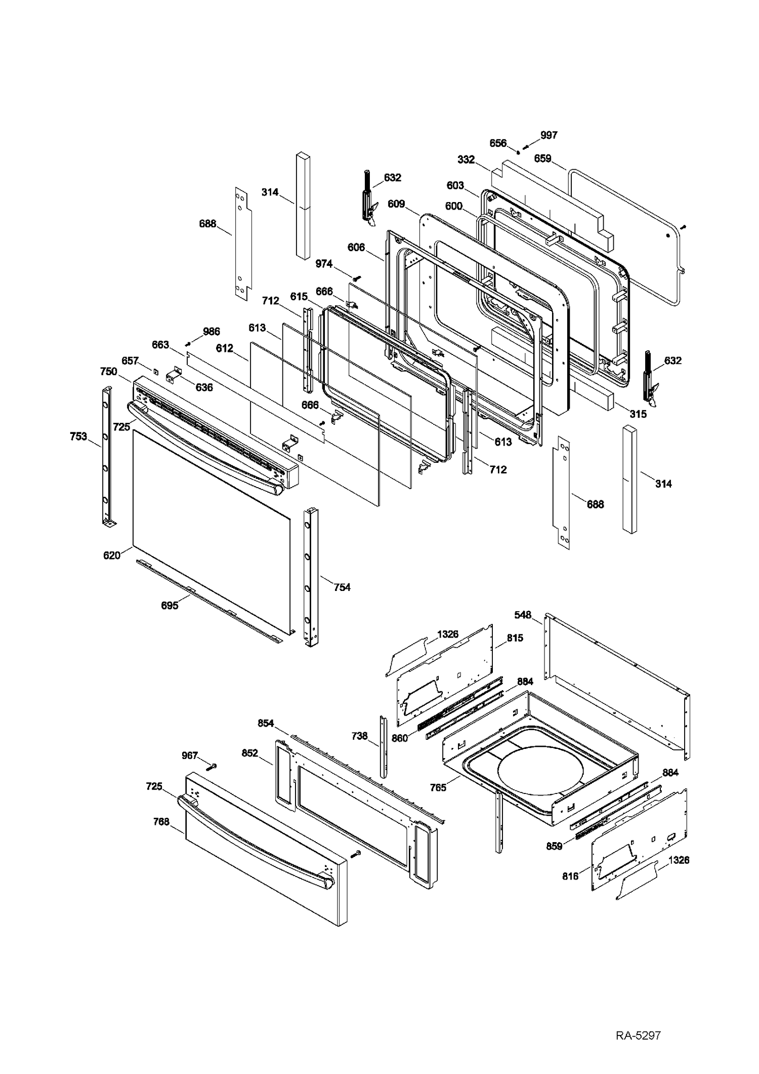 DOOR & DRAWER Diagram and Parts List for JCB870DF1BB  General Electric Range