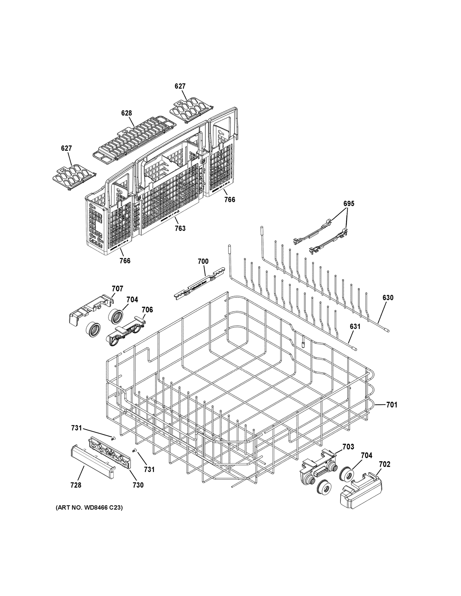 LOWER RACK ASSEMBLY Diagram and Parts List for ZDT870SMF5GS  General Electric Dishwasher