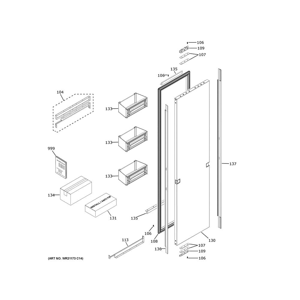 Door Diagram and Parts List for ZIF361NBRDII  General Electric Freezer