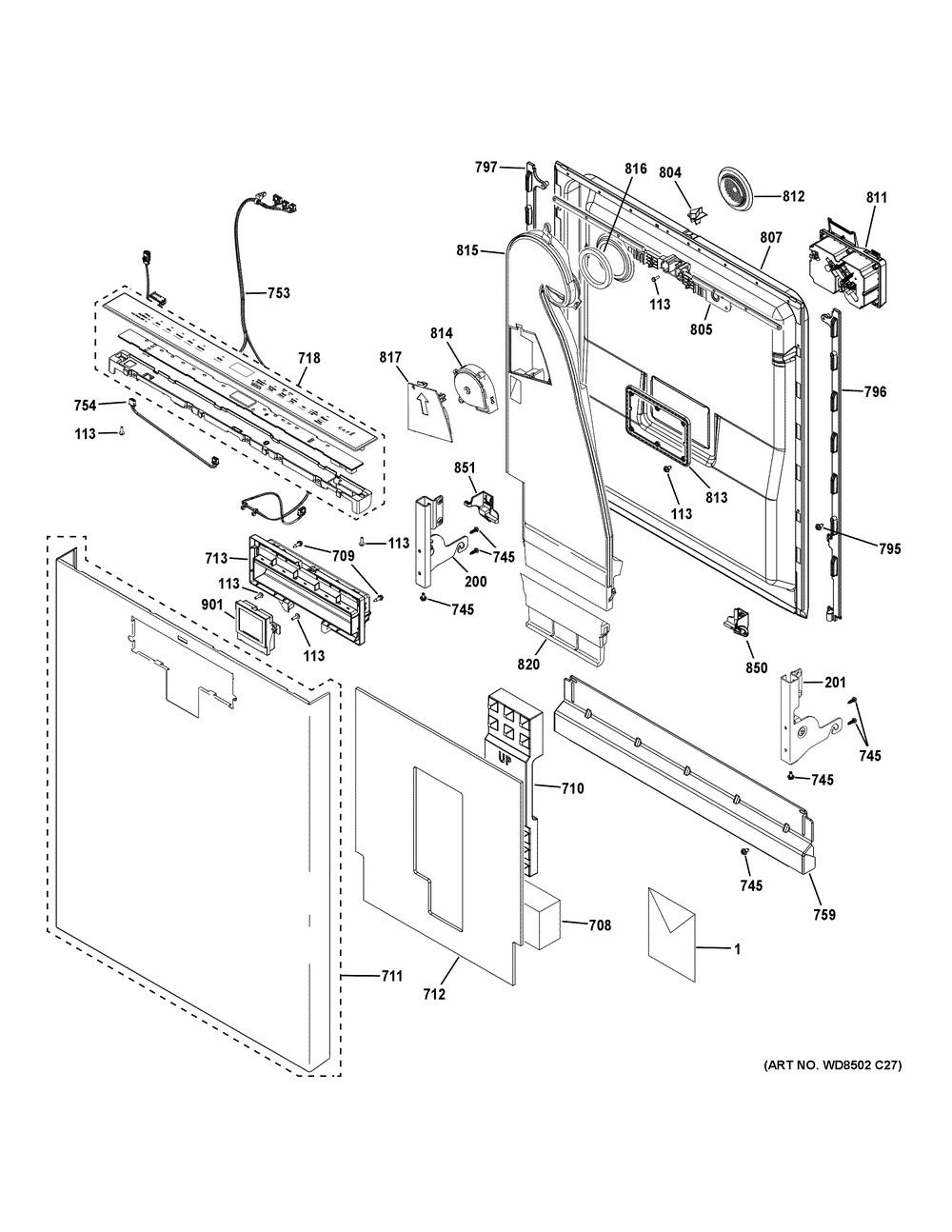 Escutcheon And Door Assembly Diagram and Parts List for CDT875M5N8S5  General Electric Dishwasher