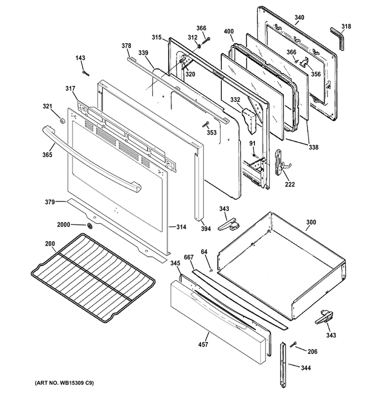 Door & Drawer Parts Diagram and Parts List for JGB650SEF2SS  General Electric Range