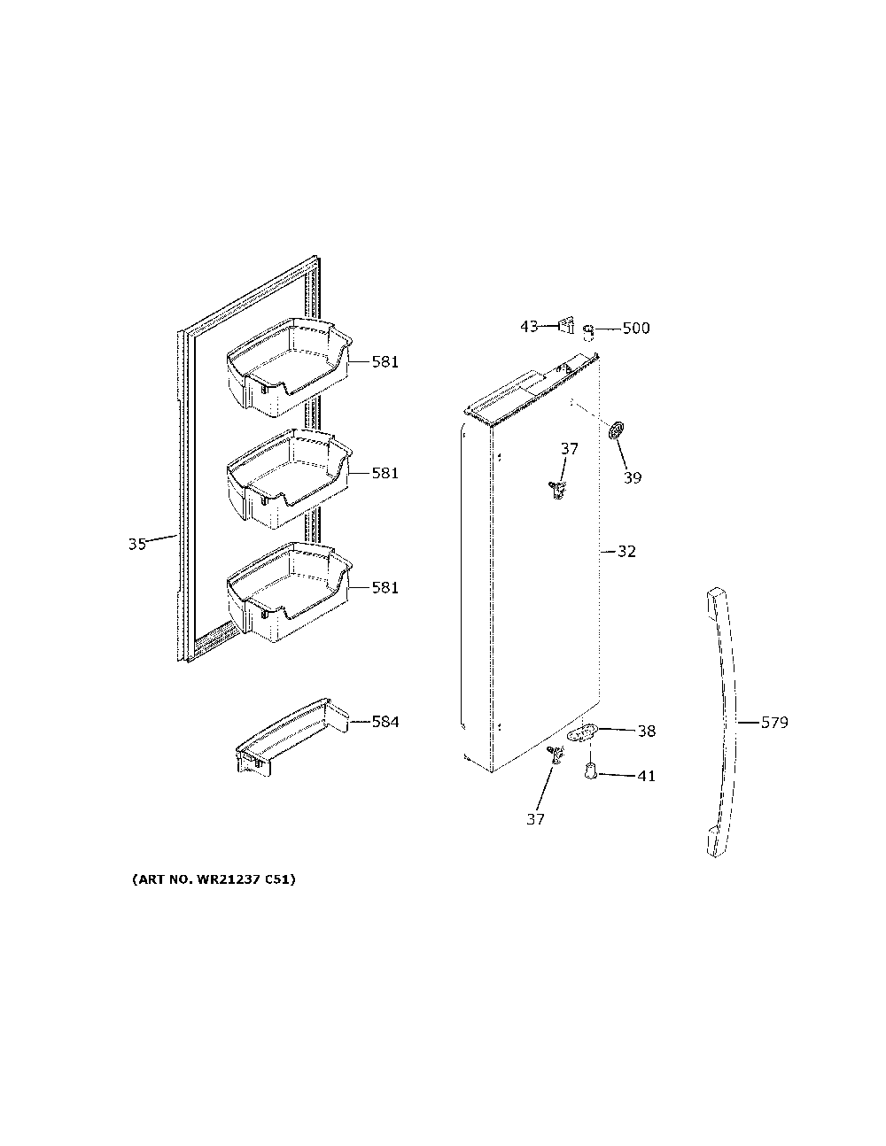 Fresh Food Door - Rh Diagram and Parts List for GFE26JEMPFDS  General Electric Refrigerator