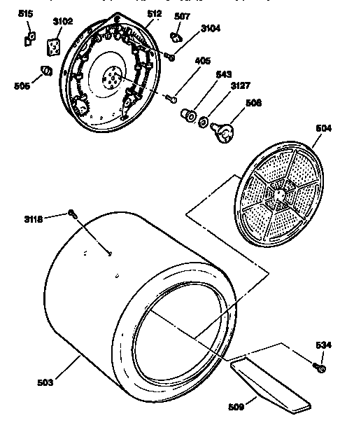 Drum And Heater Diagram and Parts List for DDE8509RMC  General Electric Dryer