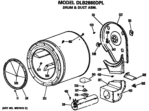 Drum And Duct Assembly Diagram and Parts List for DLB2880DPL  Hotpoint Dryer