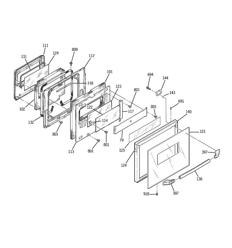 Door Diagram and Parts List for JRP15BW3BB  General Electric Wall Oven