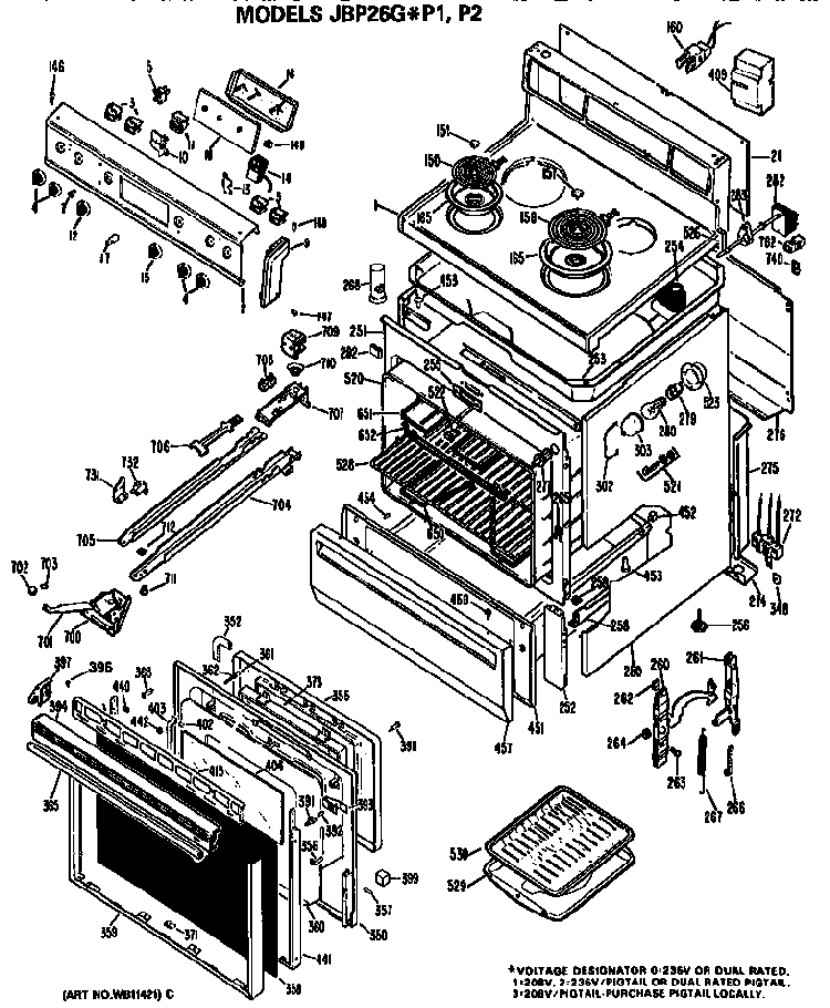 Main Body/cooktop/controls Diagram and Parts List for JBP26GP1  General Electric Range