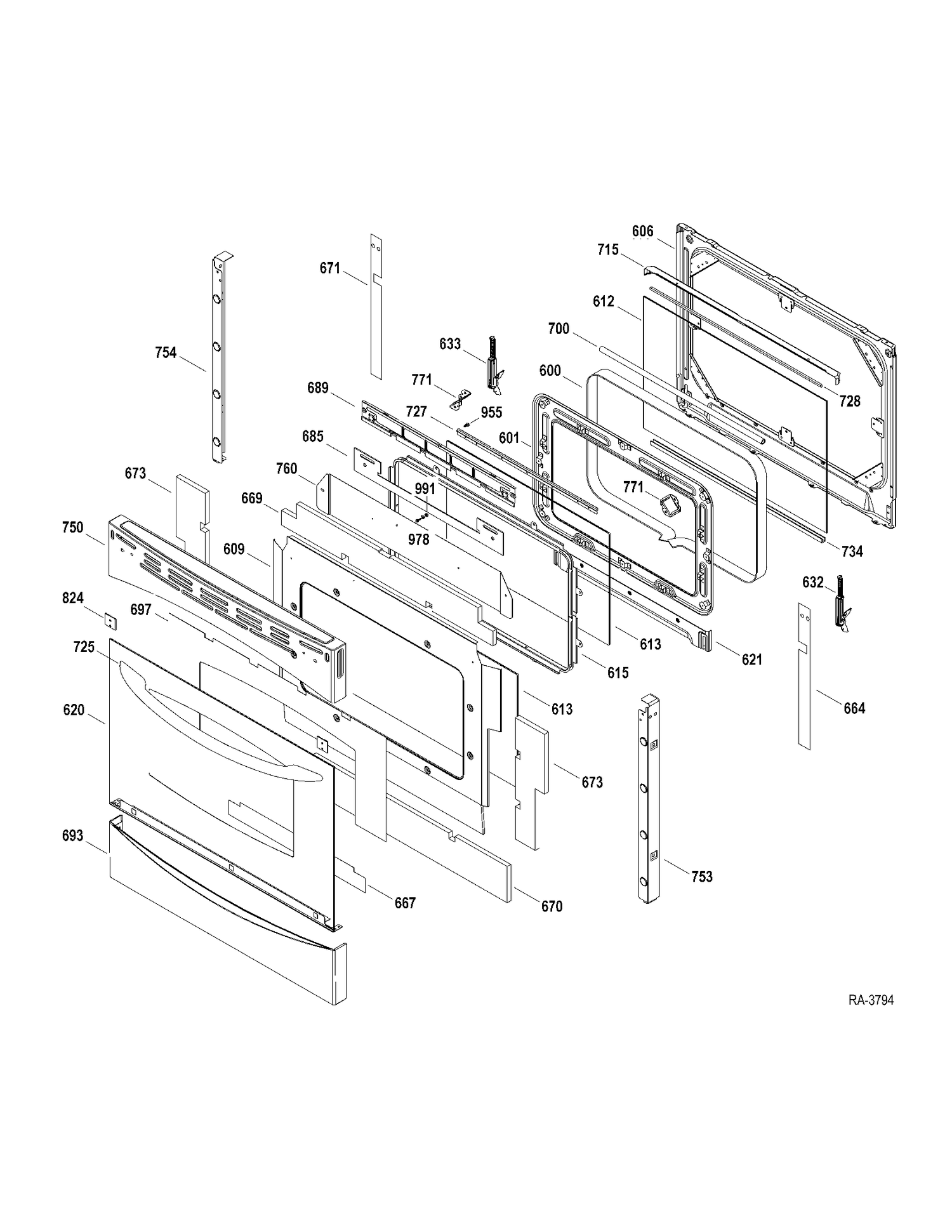 DOOR Diagram and Parts List for P2S975SER1SS  General Electric Range
