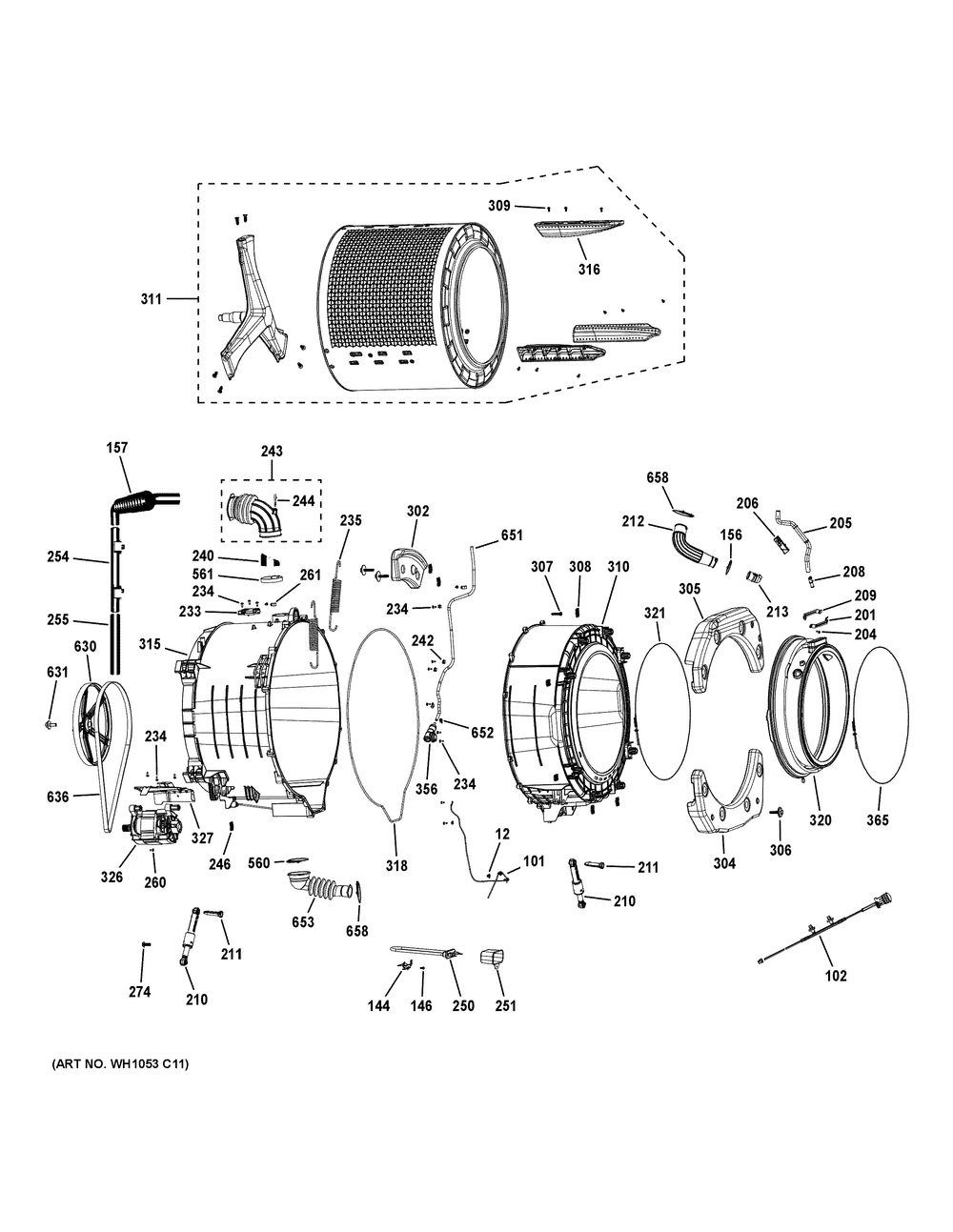 Tub And Motor Diagram and Parts List for PFW870SSV0WW  General Electric Washer