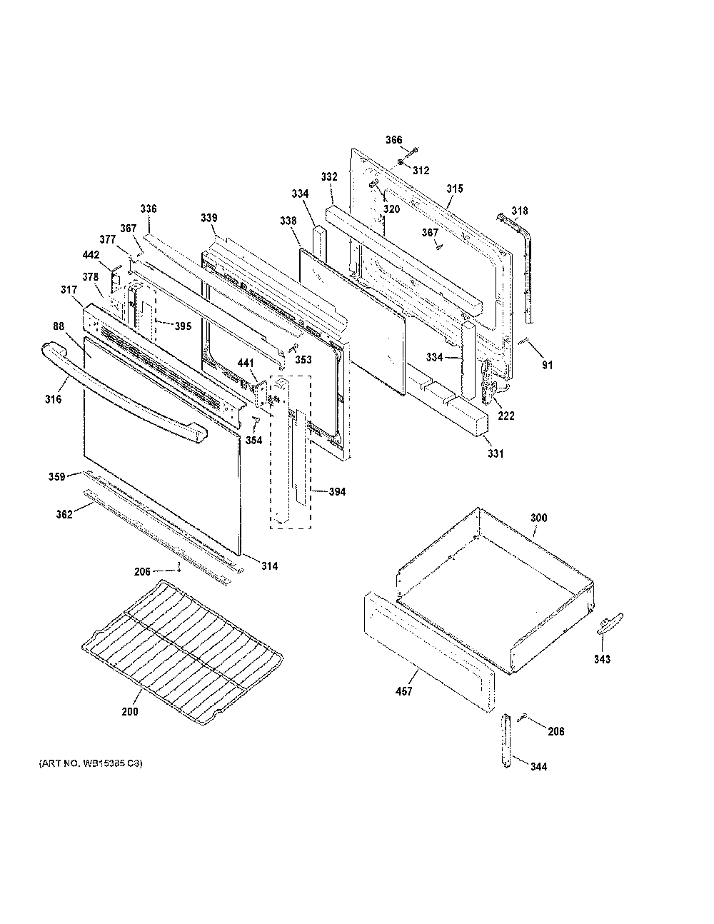 Door And Drawer Parts Diagram and Parts List for JBS460DM4BB  General Electric Range