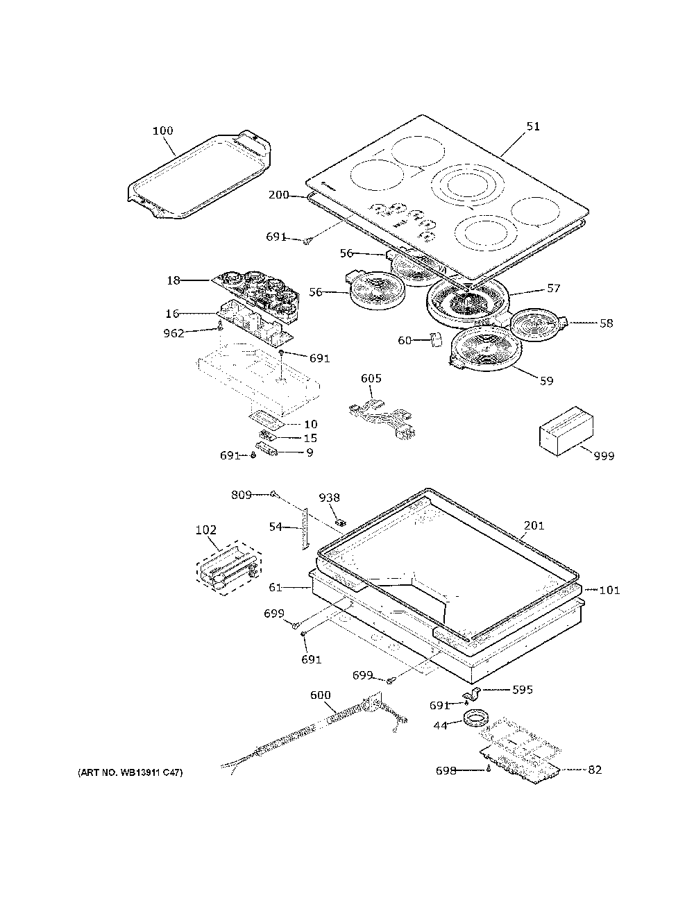 Control Panel And Cooktop Diagram and Parts List for ZEU30RST1SS  General Electric Cooktop