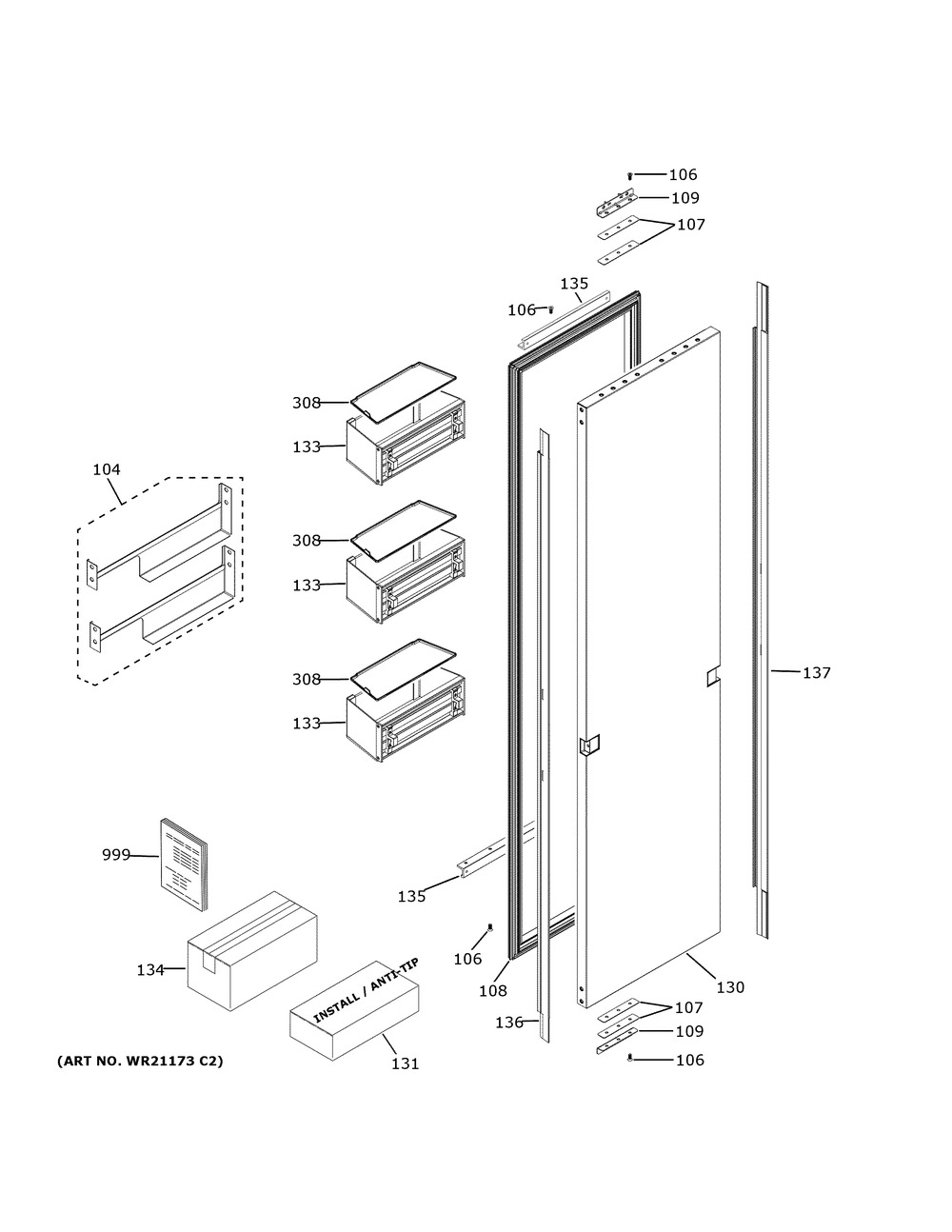 Door Diagram and Parts List for ZIF241NPNCII  General Electric Refrigerator