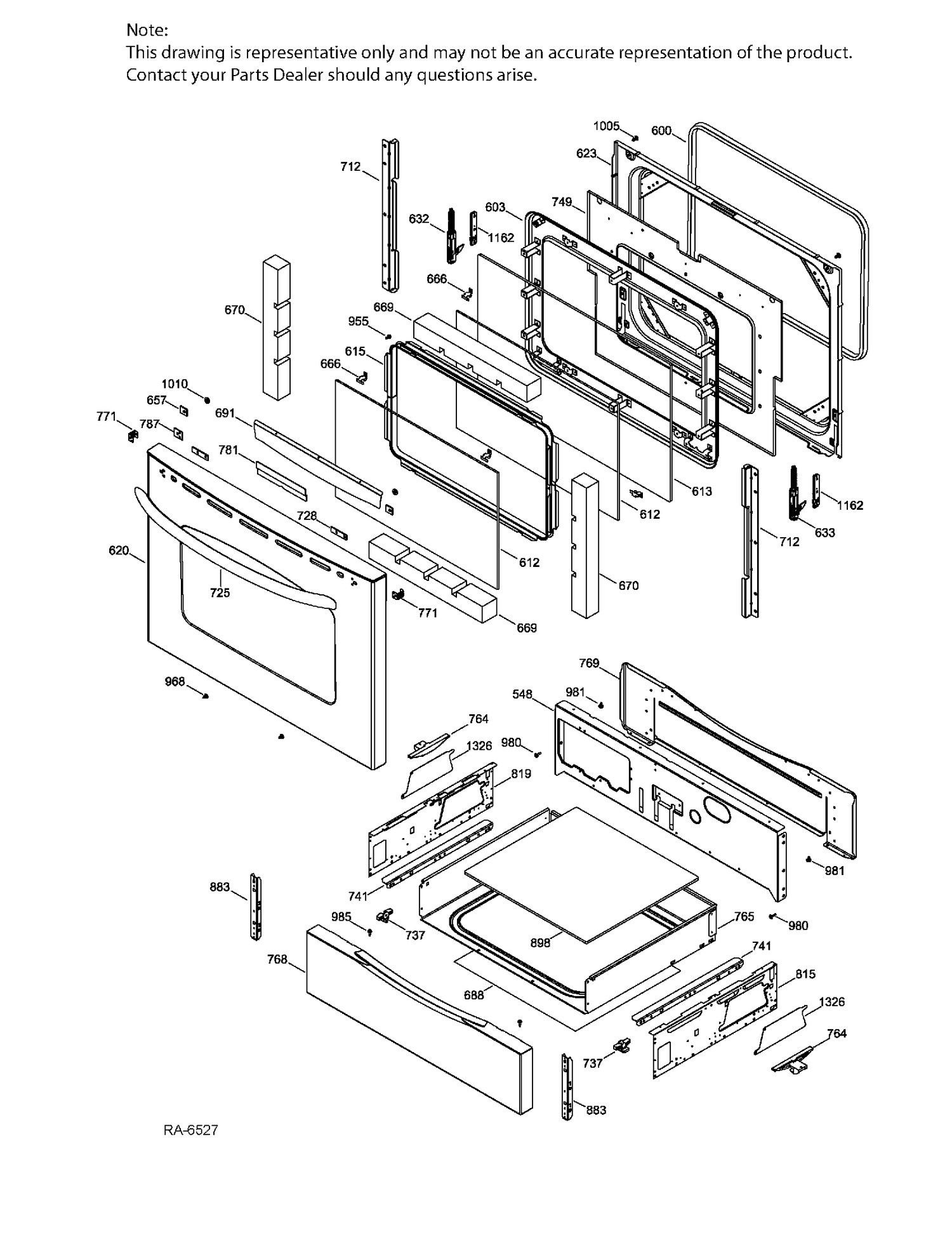 DOOR & DRAWER Diagram and Parts List for JCSP41SV5SS  General Electric Range