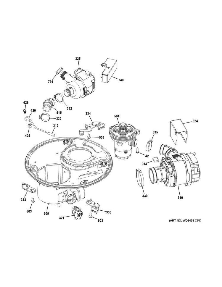 Sump & Motor Mechanism Diagram and Parts List for PDT760SIJ7II  General Electric Dishwasher