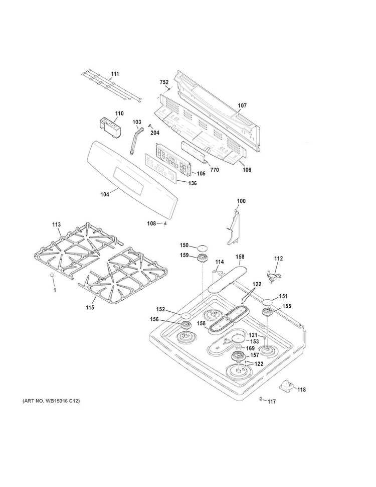 Control Panel & Cooktop Diagram and Parts List for JGB650DEF2WW  General Electric Range