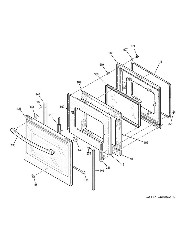 Door Diagram and Parts List for JB755SJ3SS  General Electric Range