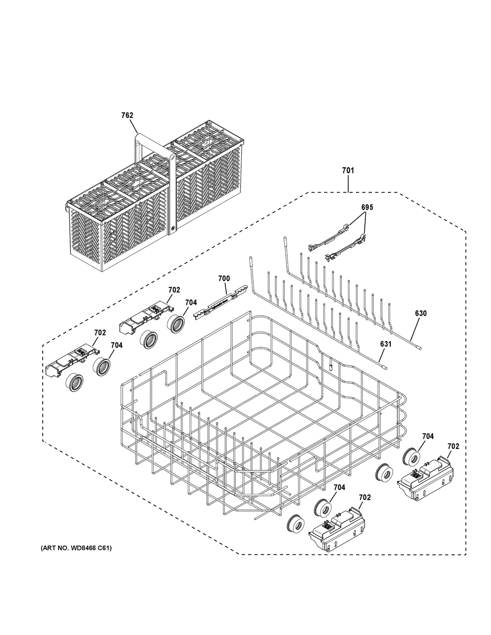 Lower Rack Assembly Diagram and Parts List for CDT828P2V3S1  General Electric Dishwasher