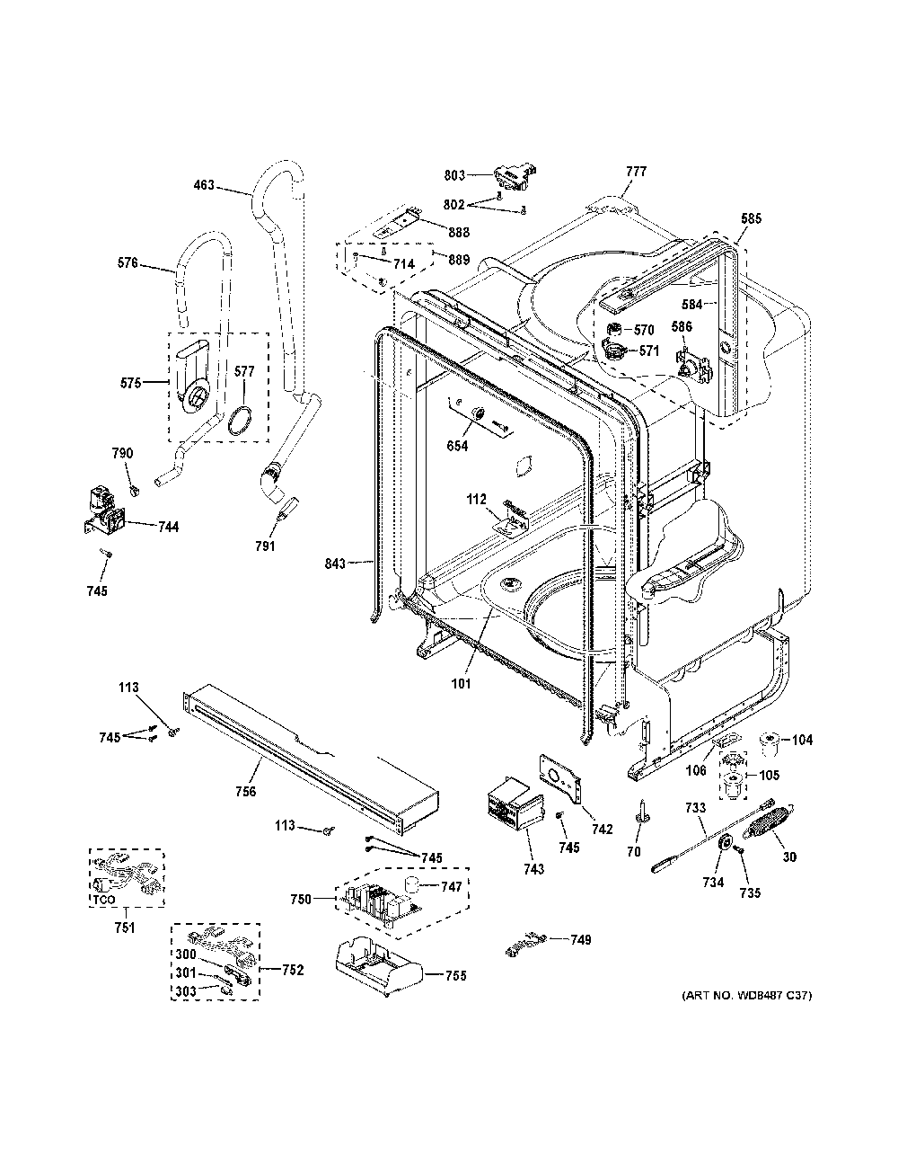 Body parts Diagram and Parts List for GDF530PGM3WW  General Electric Dishwasher
