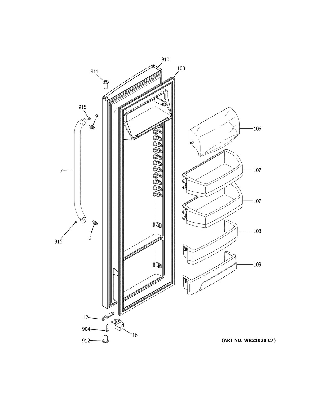 Fresh Food Door Diagram and Parts List for GSS25CGHLCWW  General Electric Refrigerator