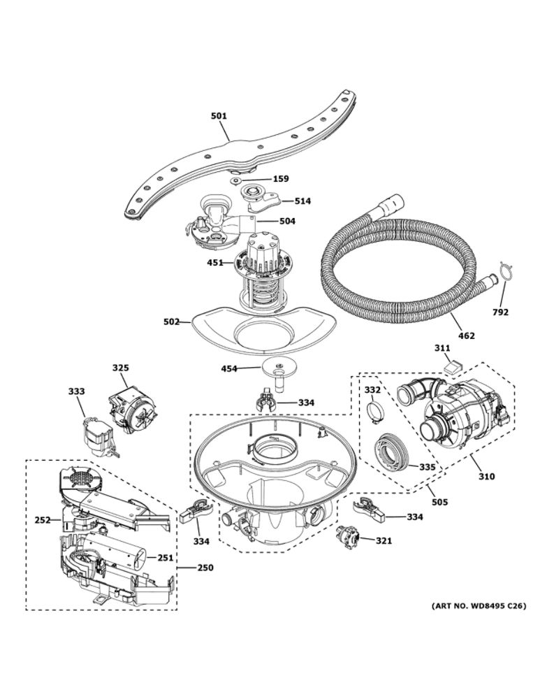 Motor, Sump And Filter Assembly 1 Diagram and Parts List for PDT775SBN5TS  General Electric Dishwasher