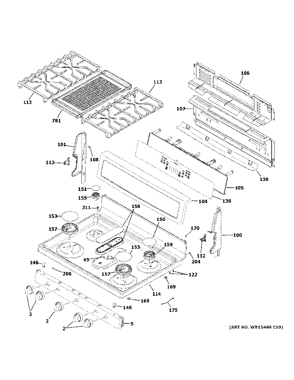 Control panel & cooktop Diagram and Parts List for PGB911EEJ5ES  General Electric Range