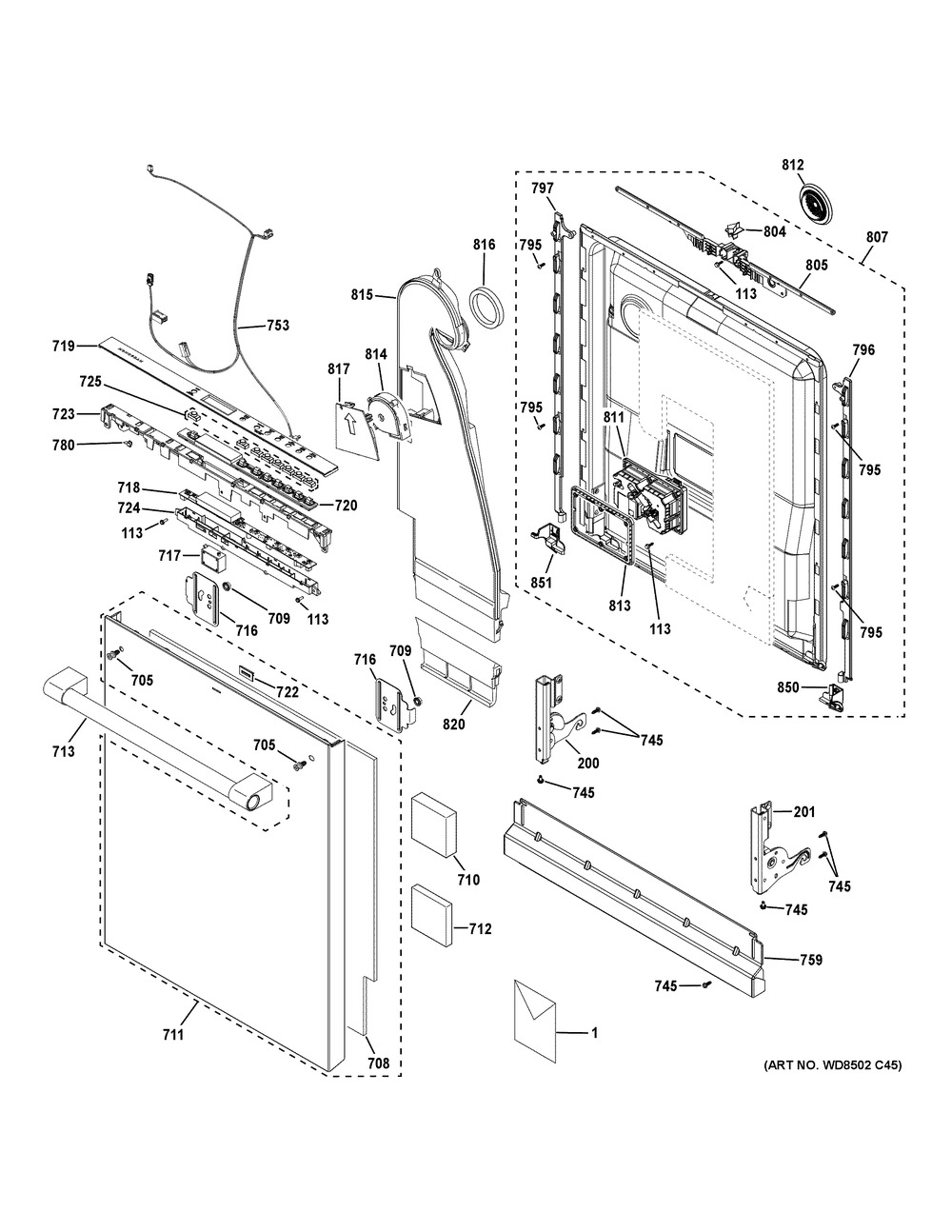 Escutcheon And Door Assembly Diagram and Parts List for ZDT985SPNBSS  General Electric Dishwasher