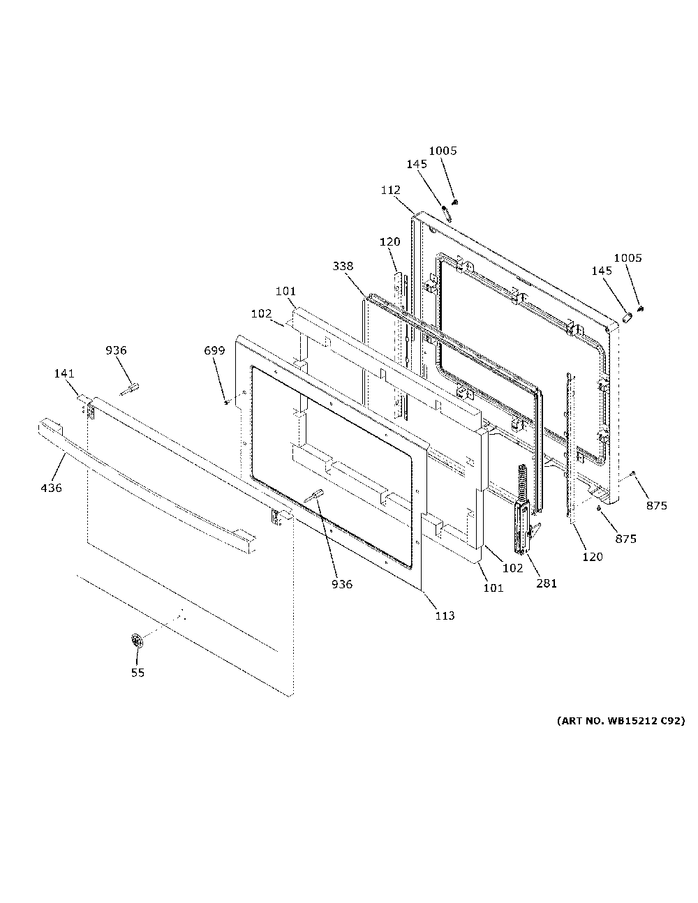 Lower Door Diagram and Parts List for PKD7000BN2TS  General Electric Wall Oven