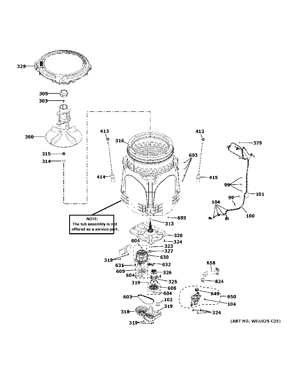 Tub And Motor Diagram and Parts List for VTW525ASR1WB  General Electric Washer