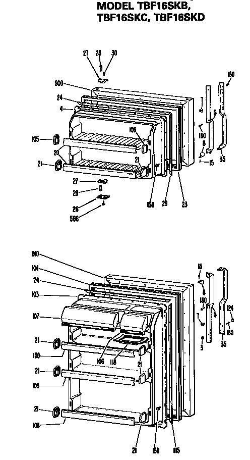 Doors Diagram and Parts List for TBF16SKB  General Electric Refrigerator