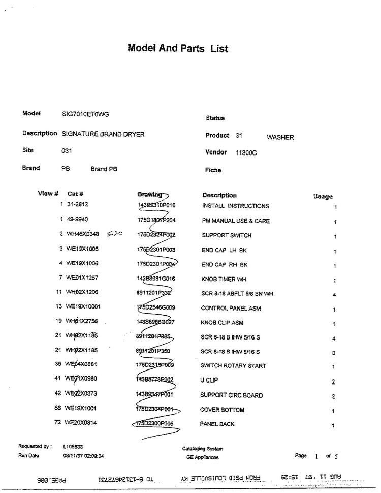 Electric Dryer Page 5 Diagram and Parts List for SIG7010ET0WG  General Electric Dryer