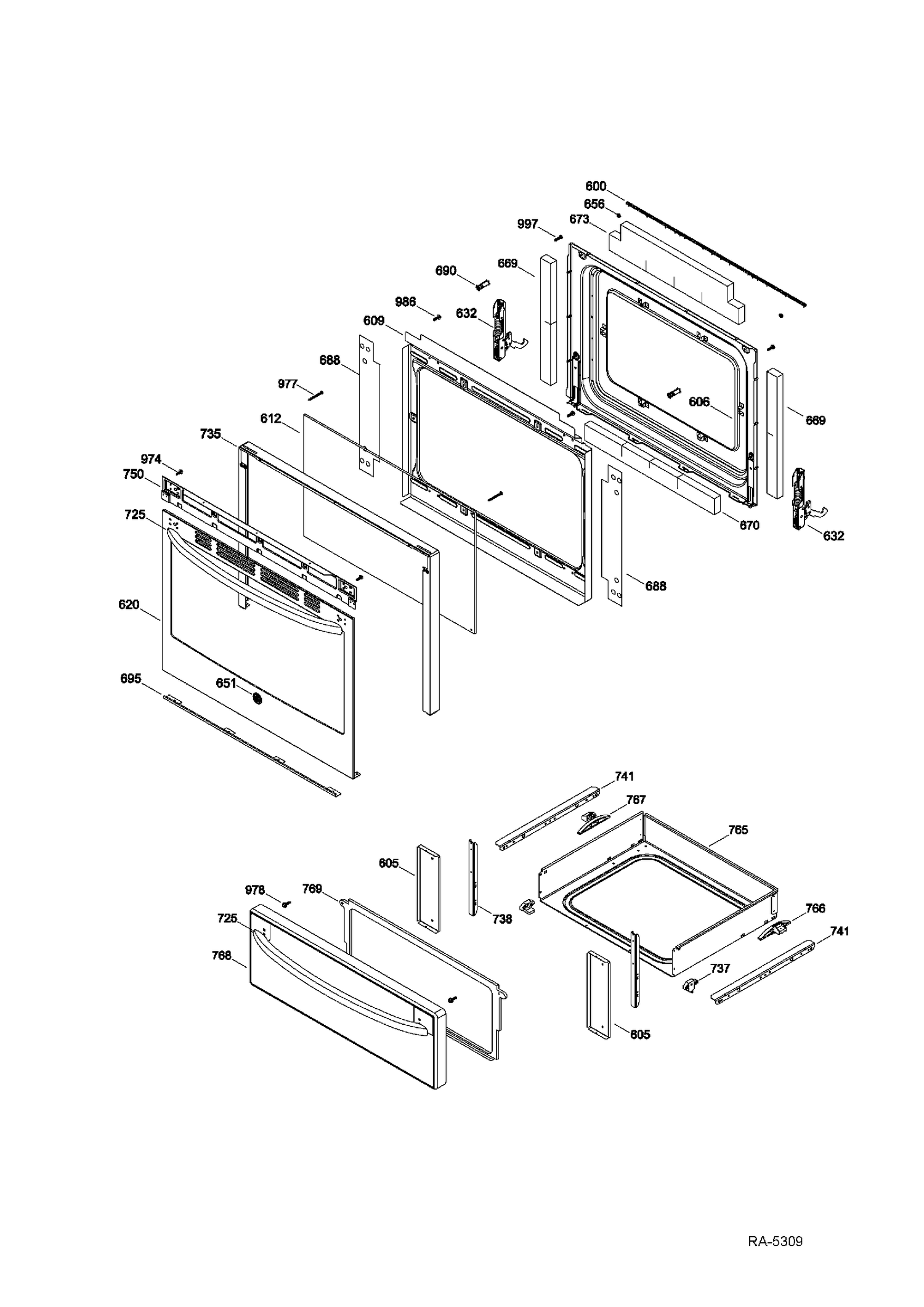 DOOR & DRAWER Diagram and Parts List for JCBS630SF1SS  General Electric Range