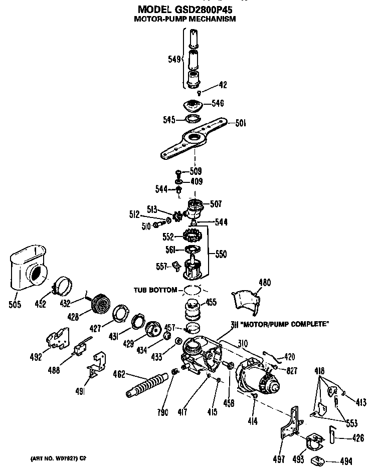 Motor/pump Diagram and Parts List for GSD2800P45  General Electric Dishwasher