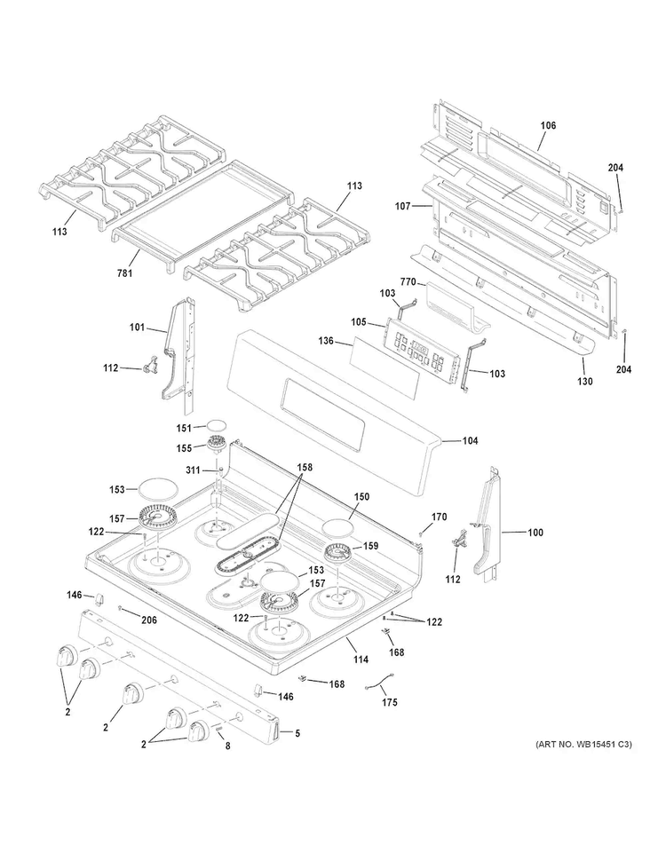 Control Panel & Cooktop Diagram and Parts List for JGB720EEJ1ES  General Electric Range