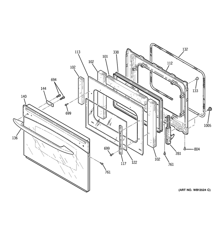 Door Diagram and Parts List for JCSP38WK5WW  General Electric Range
