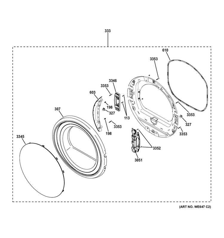 Door Diagram and Parts List for GFDS175EH1DG  General Electric Dryer