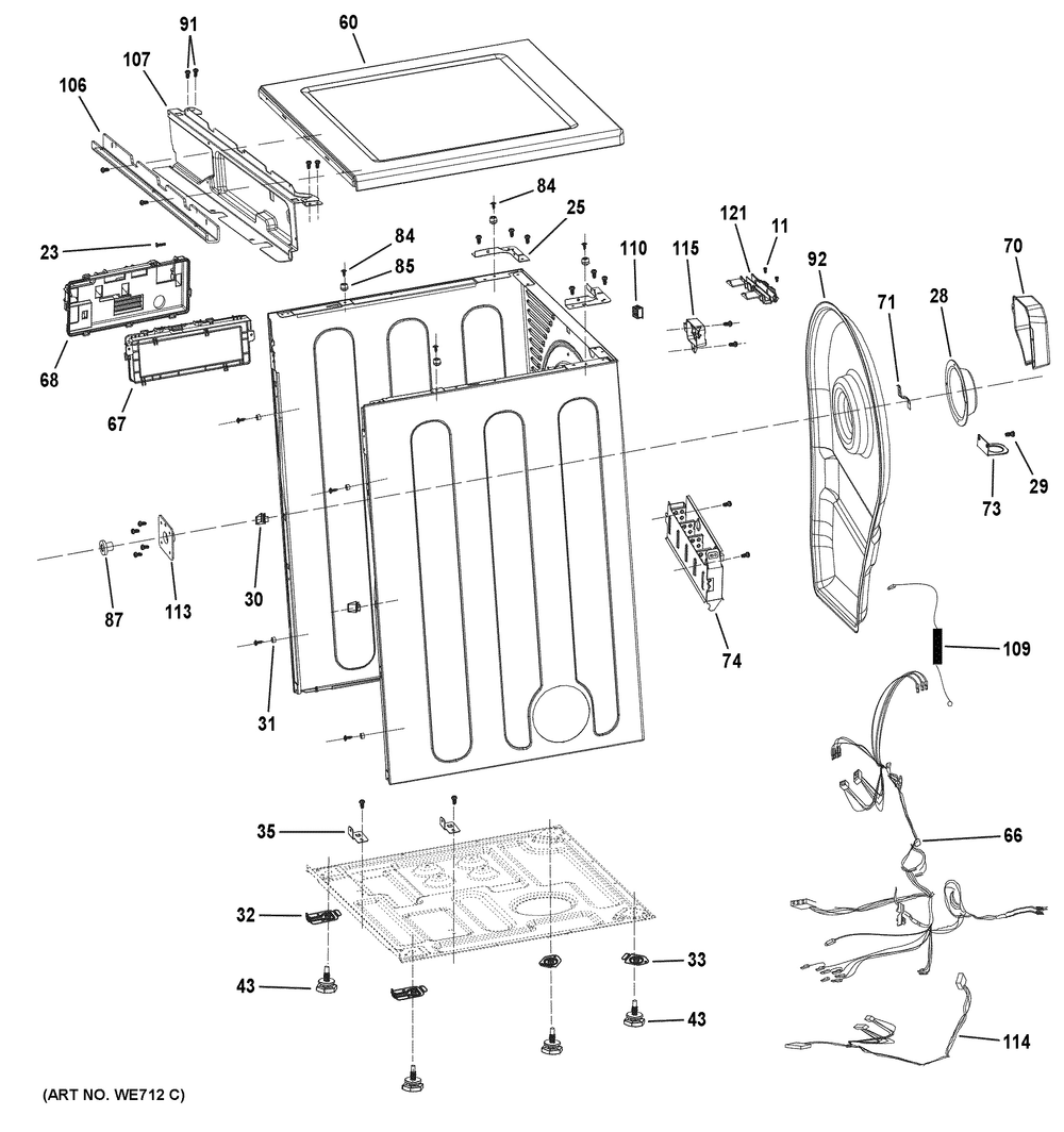Cabinet And Top Panel Diagram and Parts List for GFD14ESSN3WW  General Electric Dryer