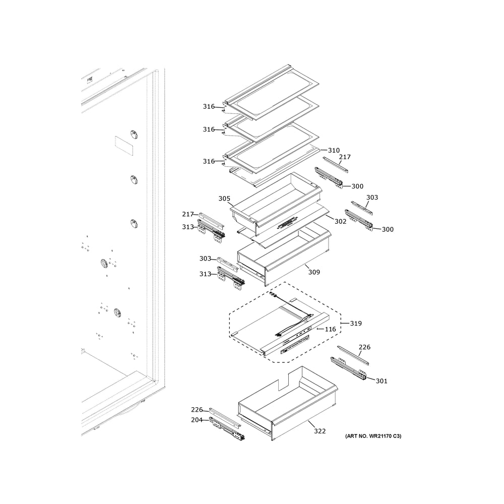 Shelves & Drawers Diagram and Parts List for ZIR361NBRDII  General Electric Freezer