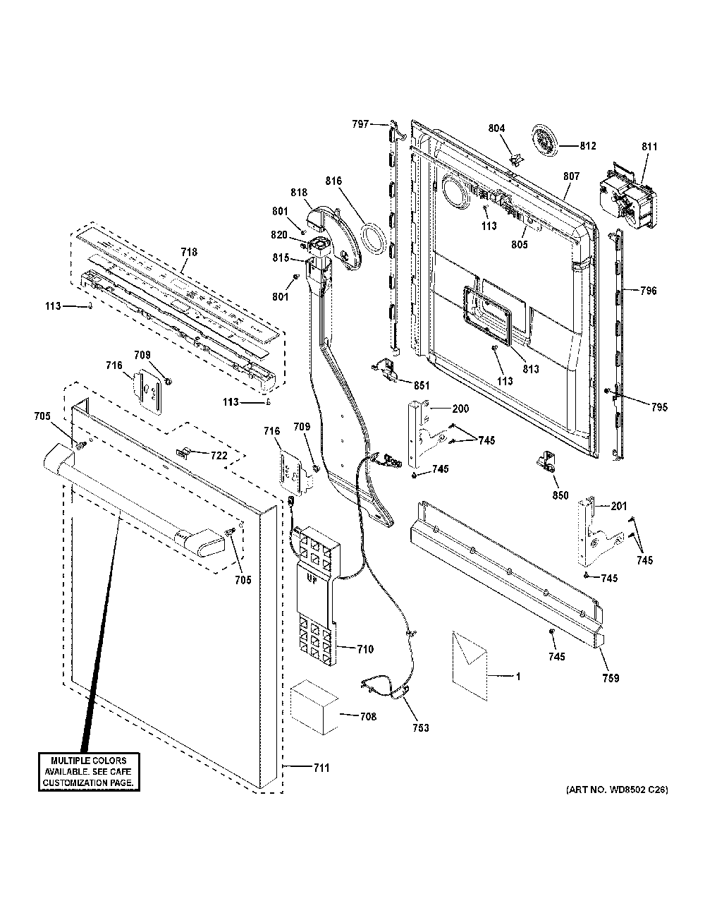 Escutcheon And Door Assembly Diagram and Parts List for CDT845P2N8S1  General Electric Dishwasher