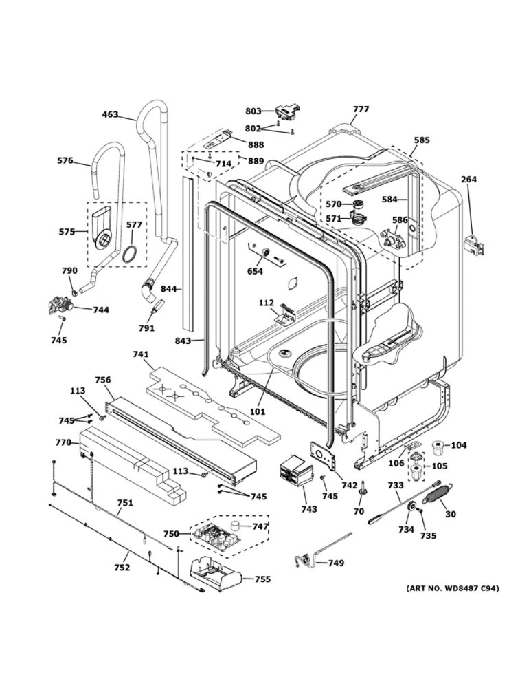 Body Parts Diagram and Parts List for GDT635HSM4SS  General Electric Dishwasher