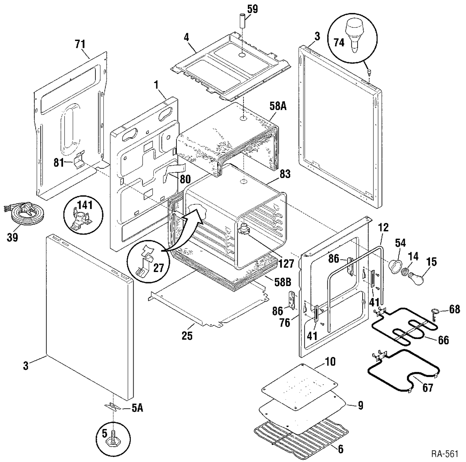 OVEN BODY Diagram and Parts List for 12470-3  General Electric Range