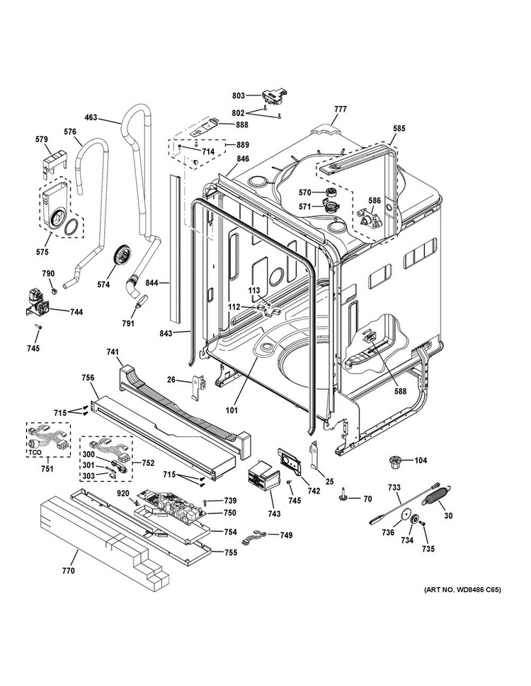 Body Parts Diagram and Parts List for GDF570SGJ0CC  General Electric Dishwasher