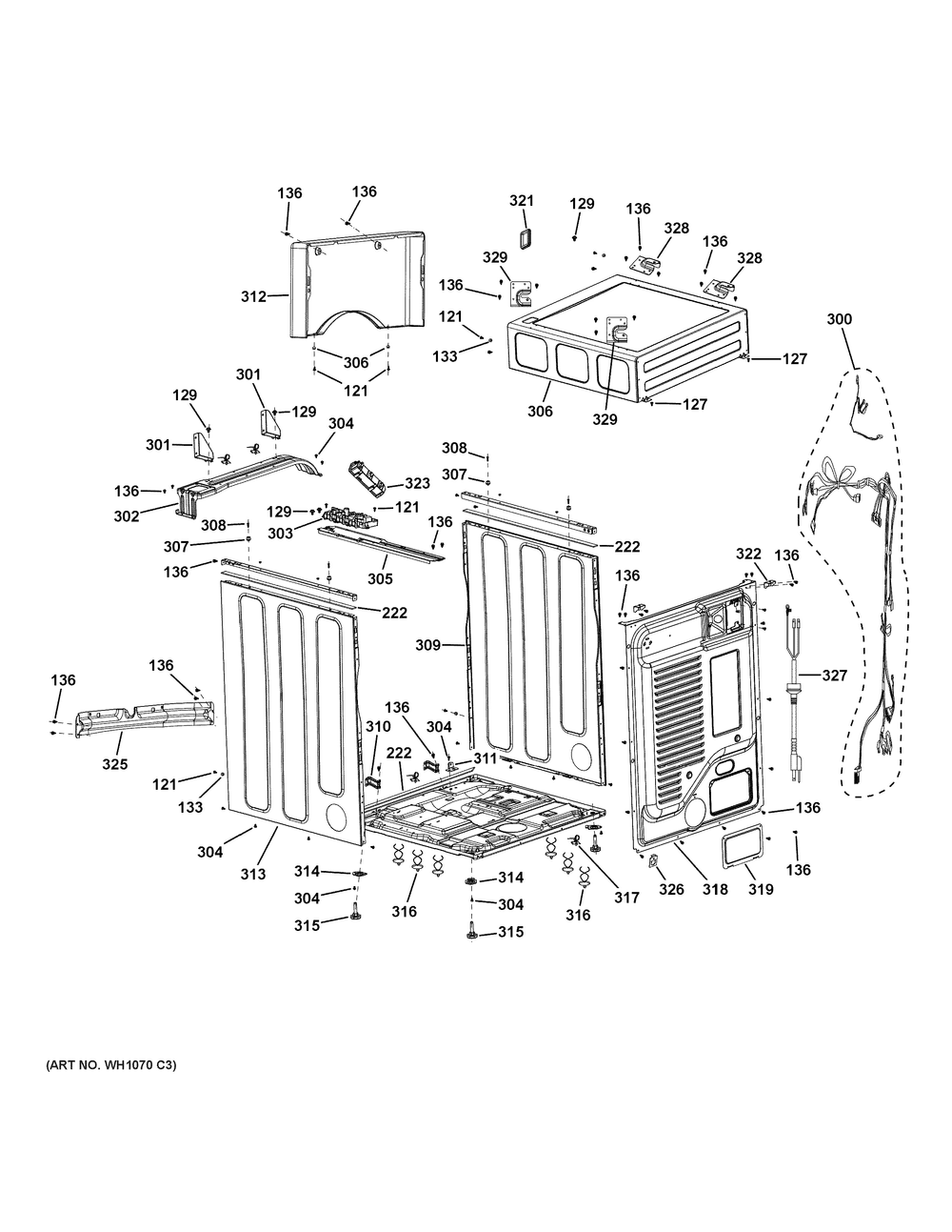 Cabinet And Top Panel Diagram and Parts List for VFD31GDSR0WW  General Electric Dryer