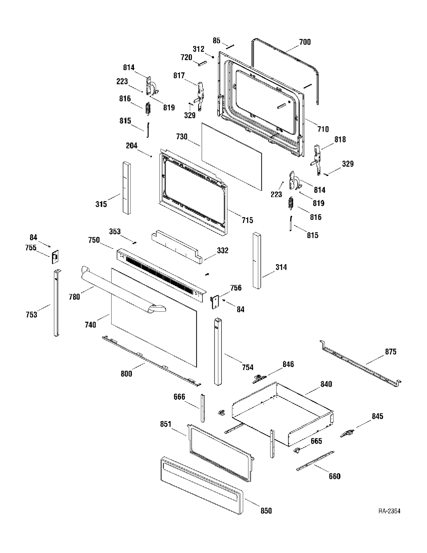 DOOR & DRAWER Diagram and Parts List for JCBC35WK2WW  General Electric Range