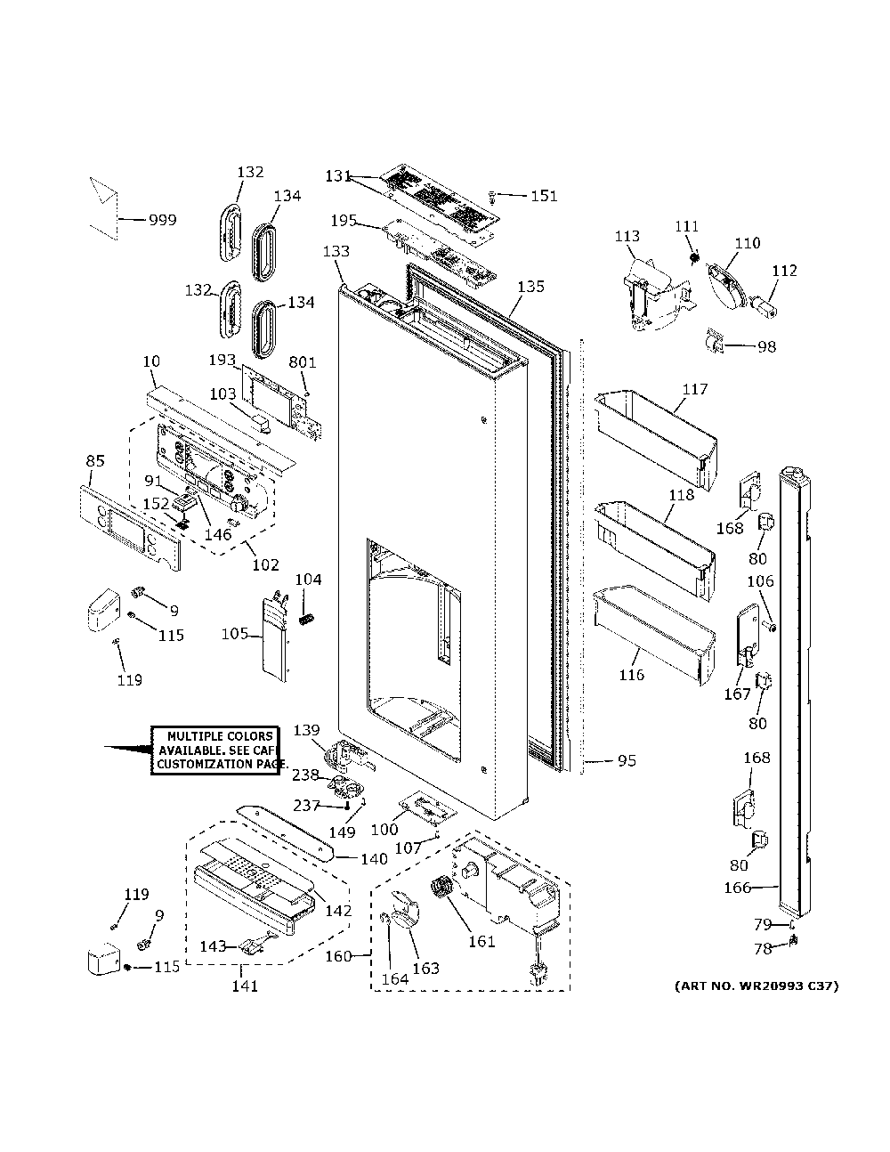 Dispenser door Diagram and Parts List for CFE28TP4MFW2  General Electric Refrigerator