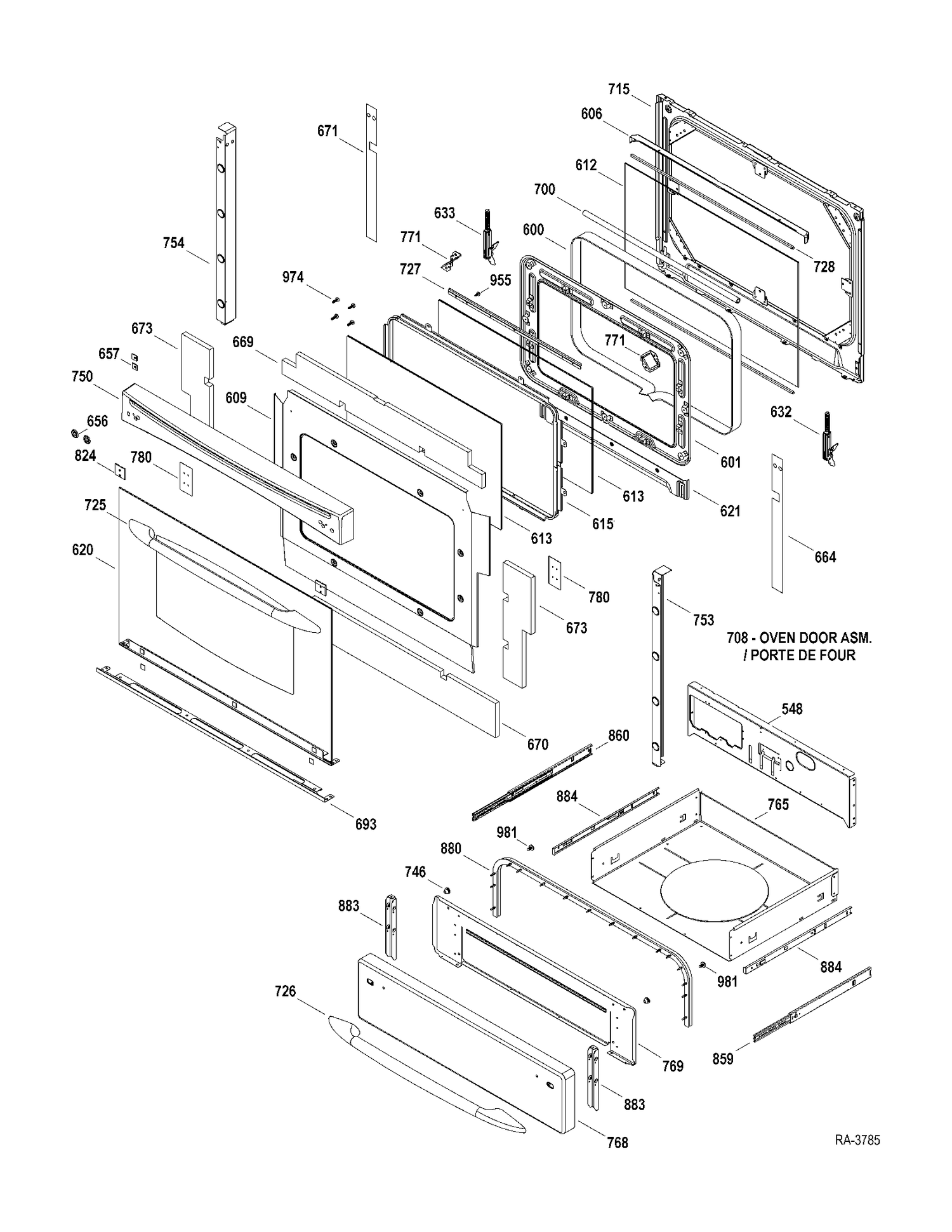 DOOR-DRAWER Diagram and Parts List for P2S968DER1WW  General Electric Range