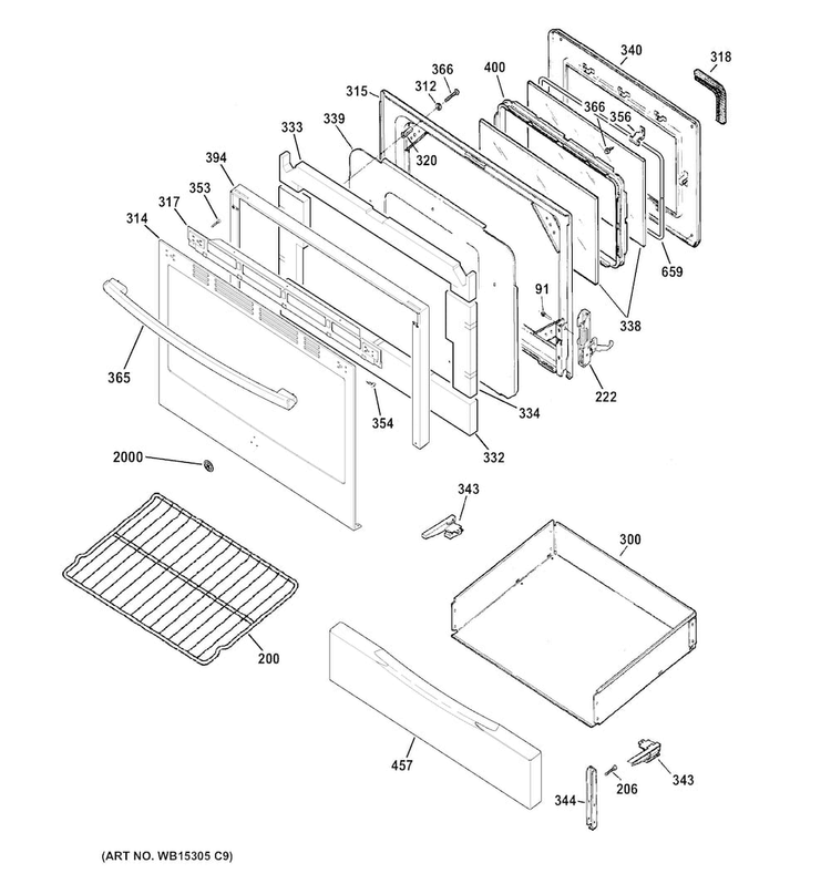 Door & Drawer Parts Diagram and Parts List for JB255RJ1SS  General Electric Range