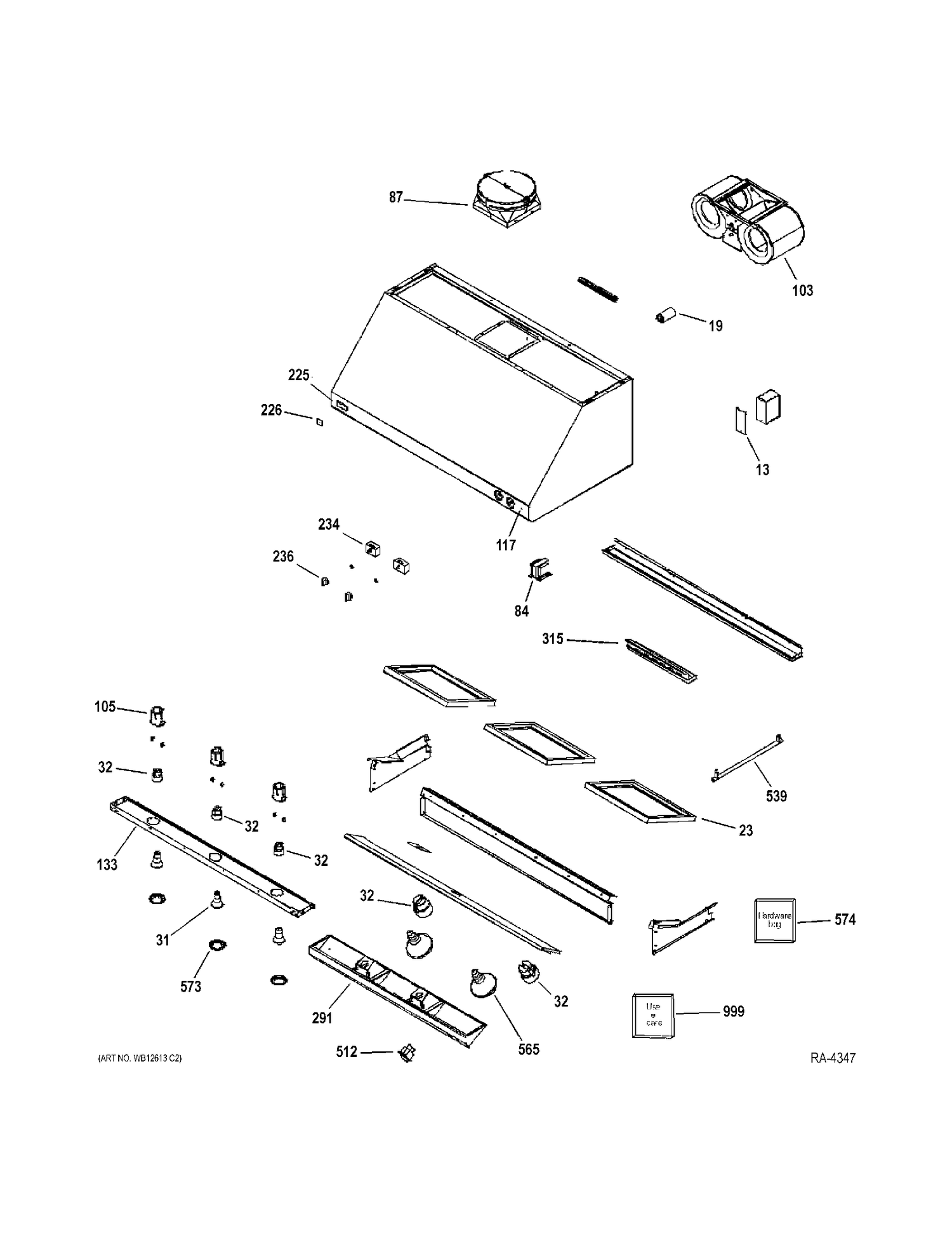 RANGE HOOD Diagram and Parts List for ZV48SSF2SS  General Electric Range Hood