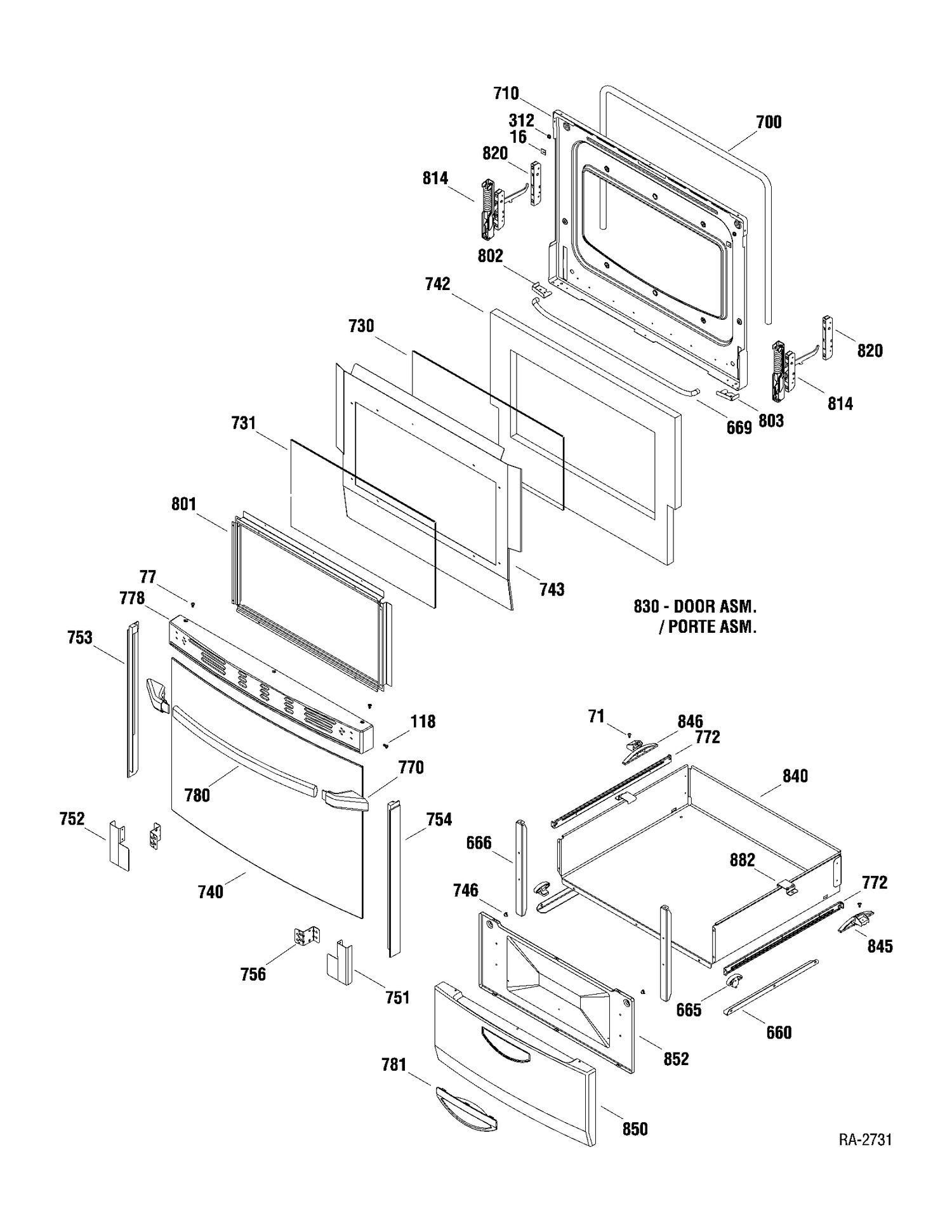 DOOR & DRAWER Diagram and Parts List for JCAP760WM1WW  General Electric Range