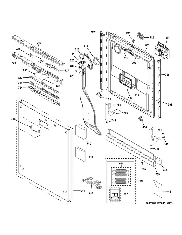 Escutcheon & Door Assembly Diagram and Parts List for PDT855SIJ0II  General Electric Dishwasher