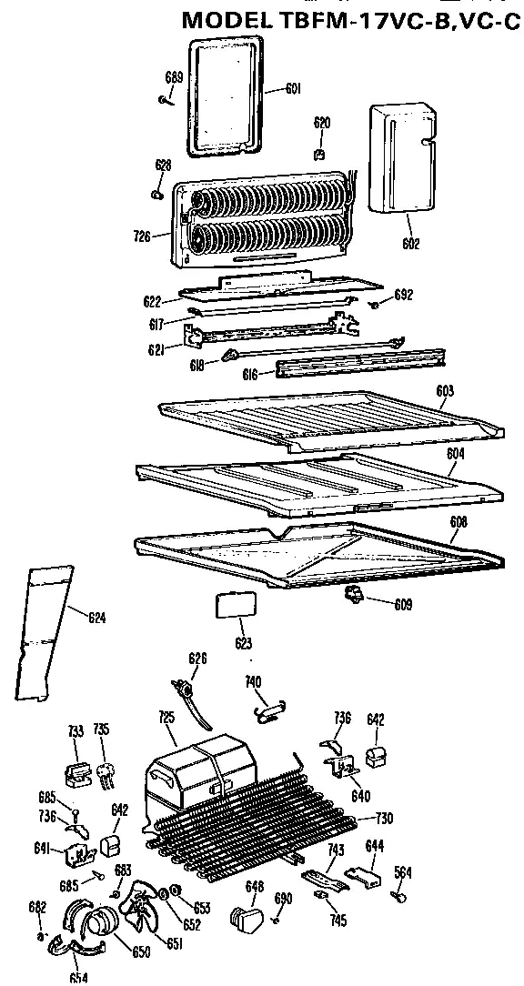 Unit Parts Diagram and Parts List for TBFM17VCC  General Electric Refrigerator