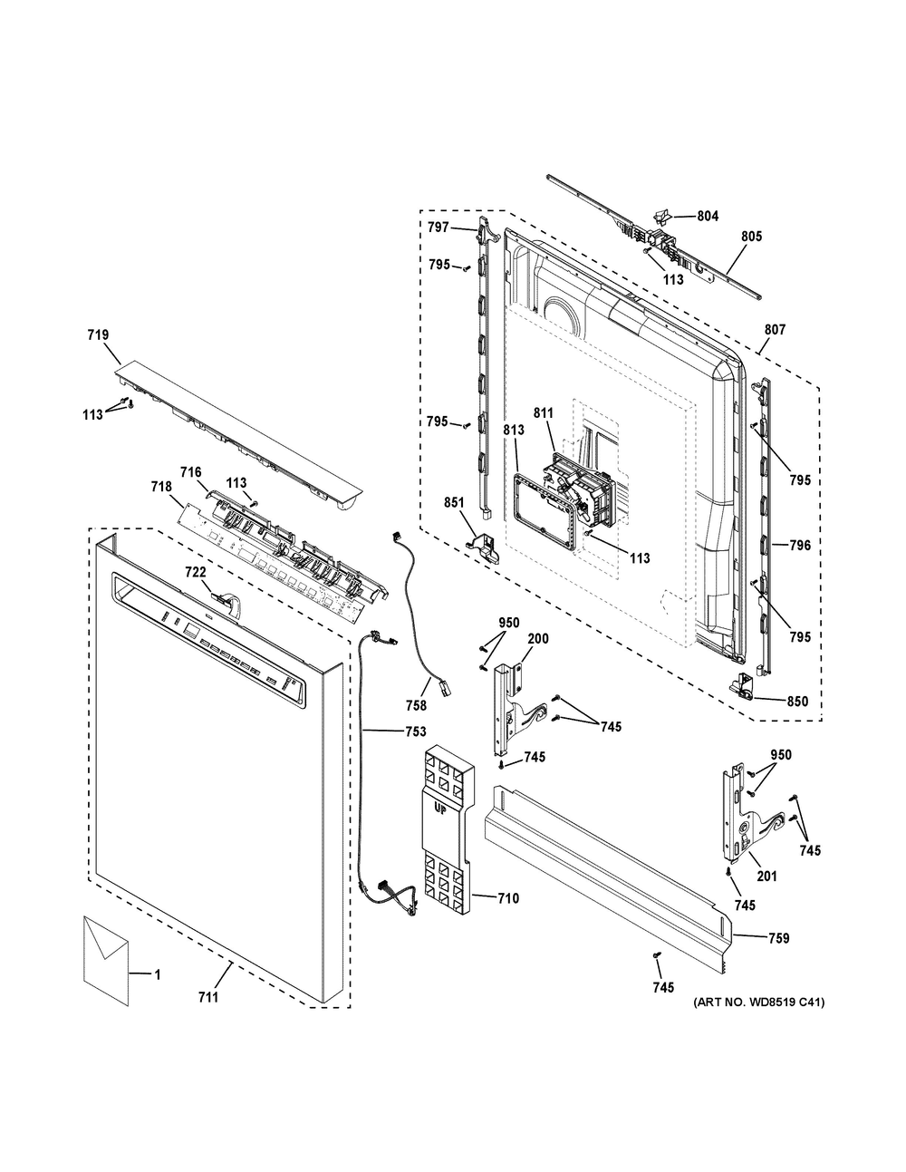 Escutcheon And Door Assembly Diagram and Parts List for GDF650SYV3FS  General Electric Dishwasher